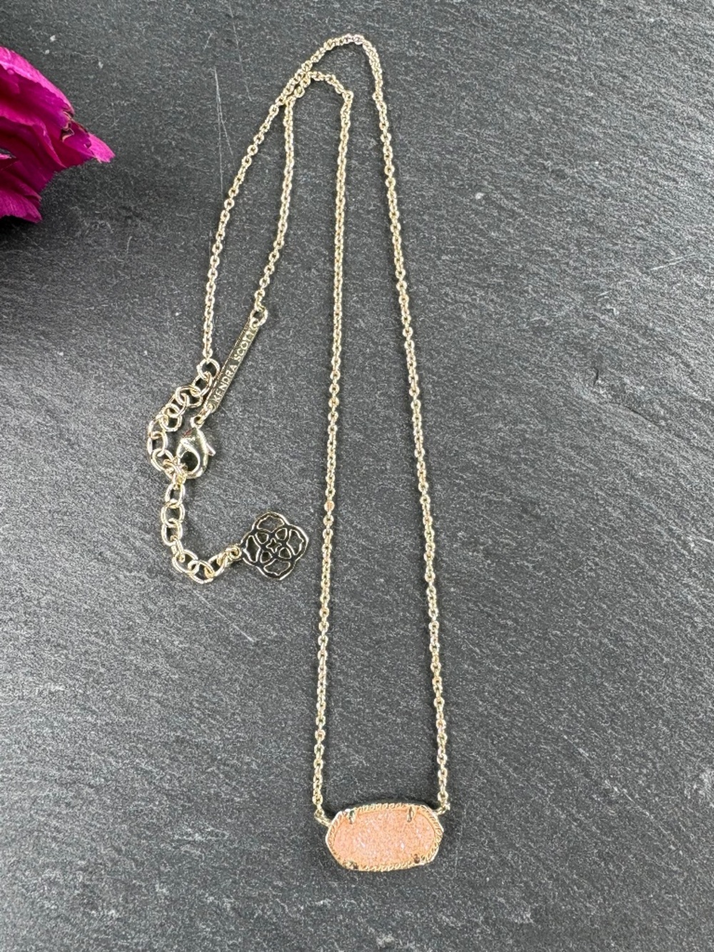 Kendra Scott Elisa Gold Pink Drusy Oval Short Pendant Necklace